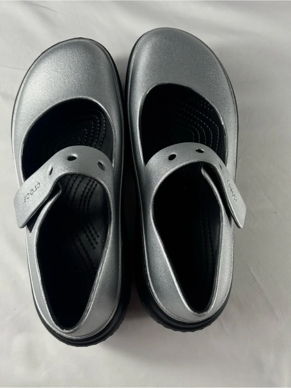 CROCS Metallic Silver Mary Jane Platform Clogs